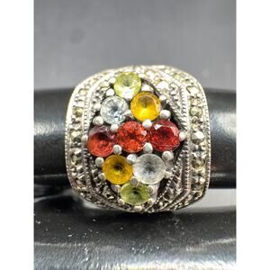 VTG 925 Sterling Silver Assorted Gemstones & Marcasite Band Ring Sz 7.75